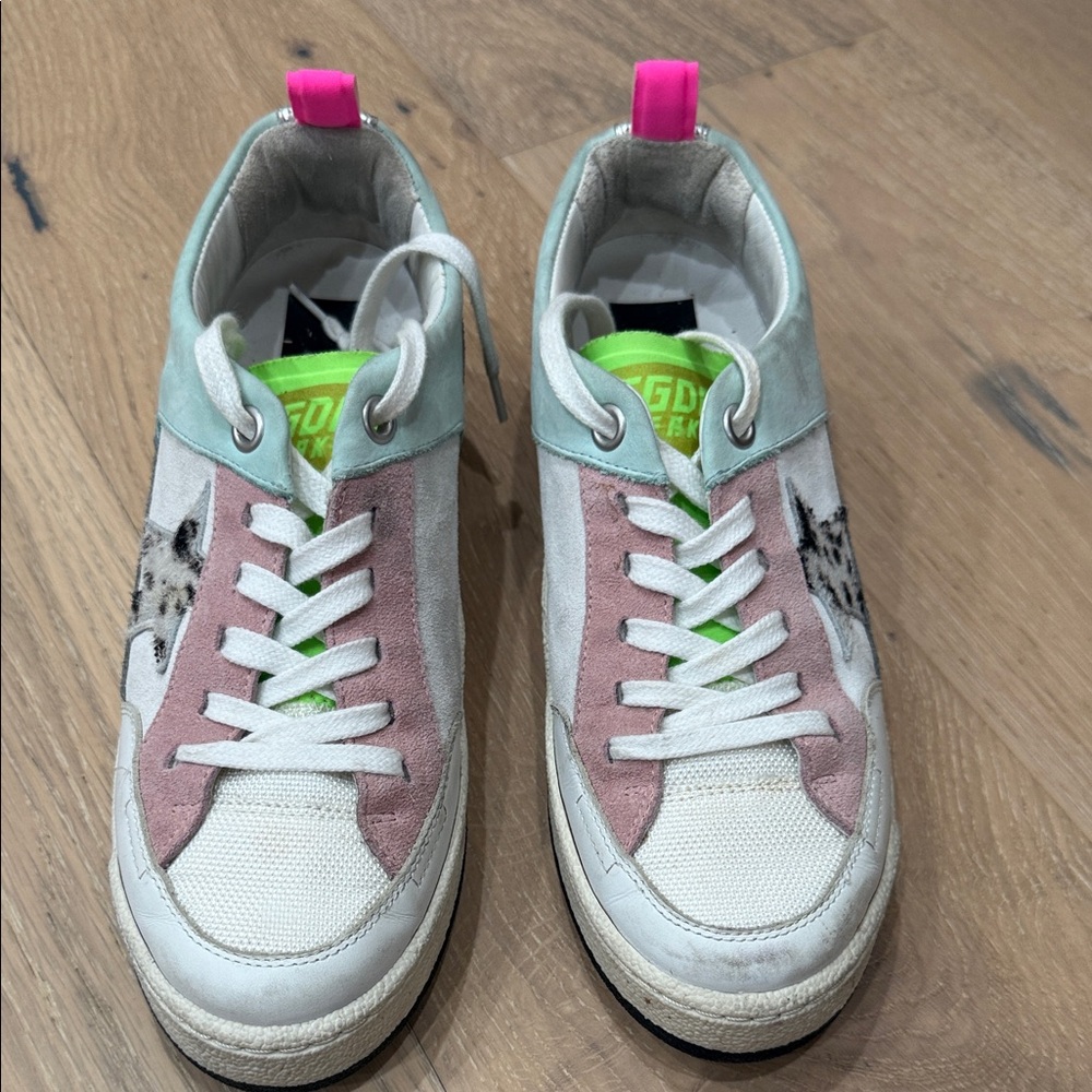 Pre loved authentic Golden Goose Low-Top Sneakers in Pink, Mint & Neon Green - Picture 2 of 5